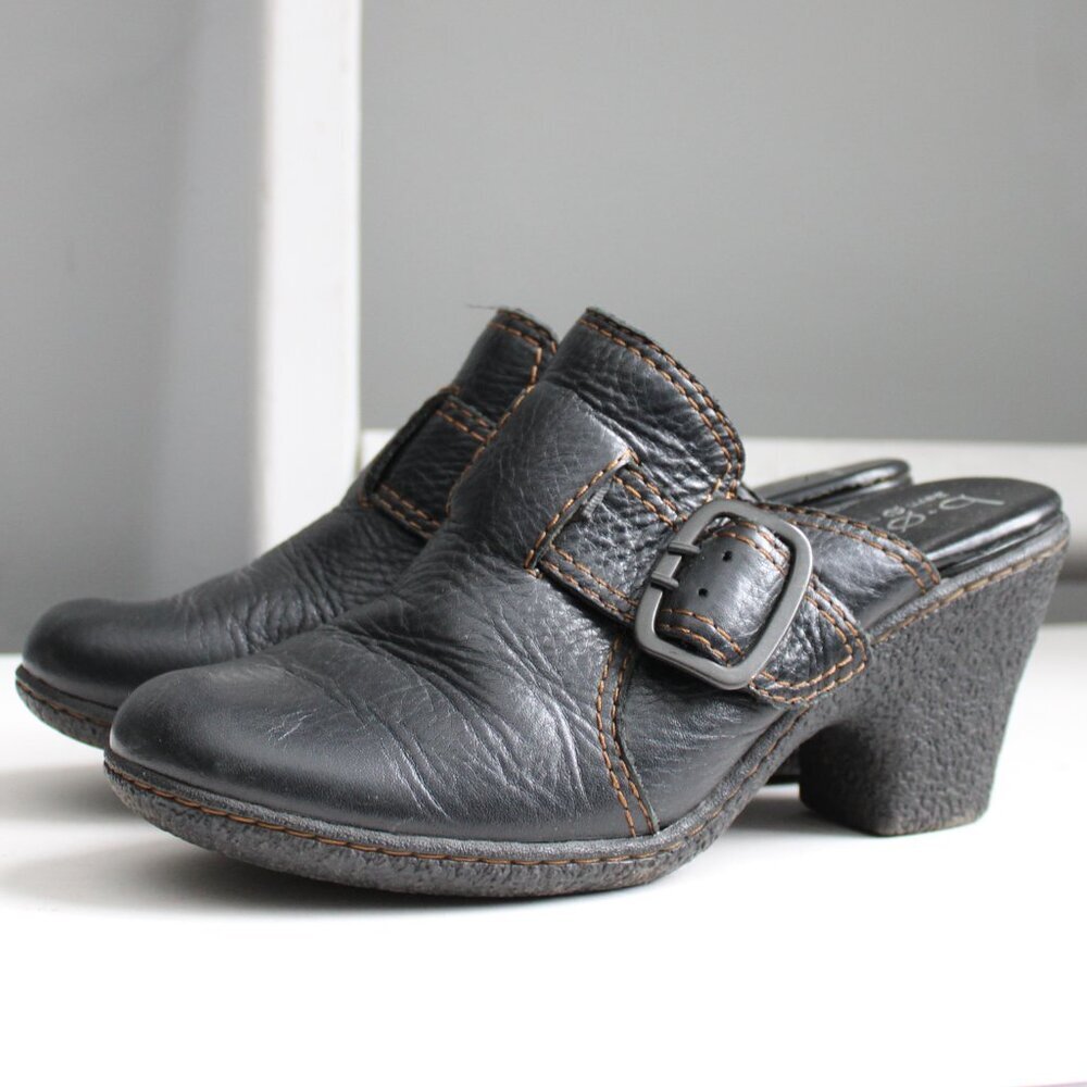 B.O.C. Born Concept Black Pebble Leather Slip-On Mule Block Chunky Heels Size 8 - Picture 3 of 7